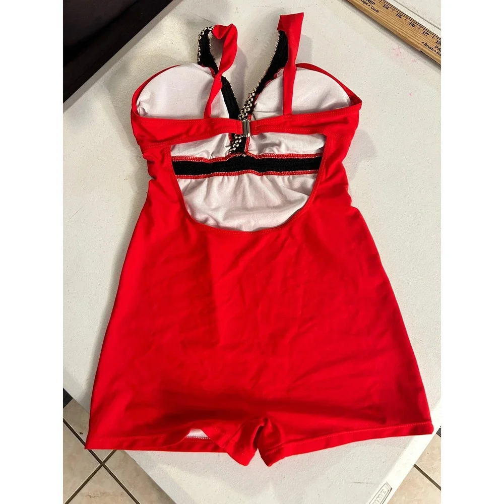 Pin Up Red One Piece Swimsuit Boy Short Cut Sequin Trim V-Neck Halter Medium